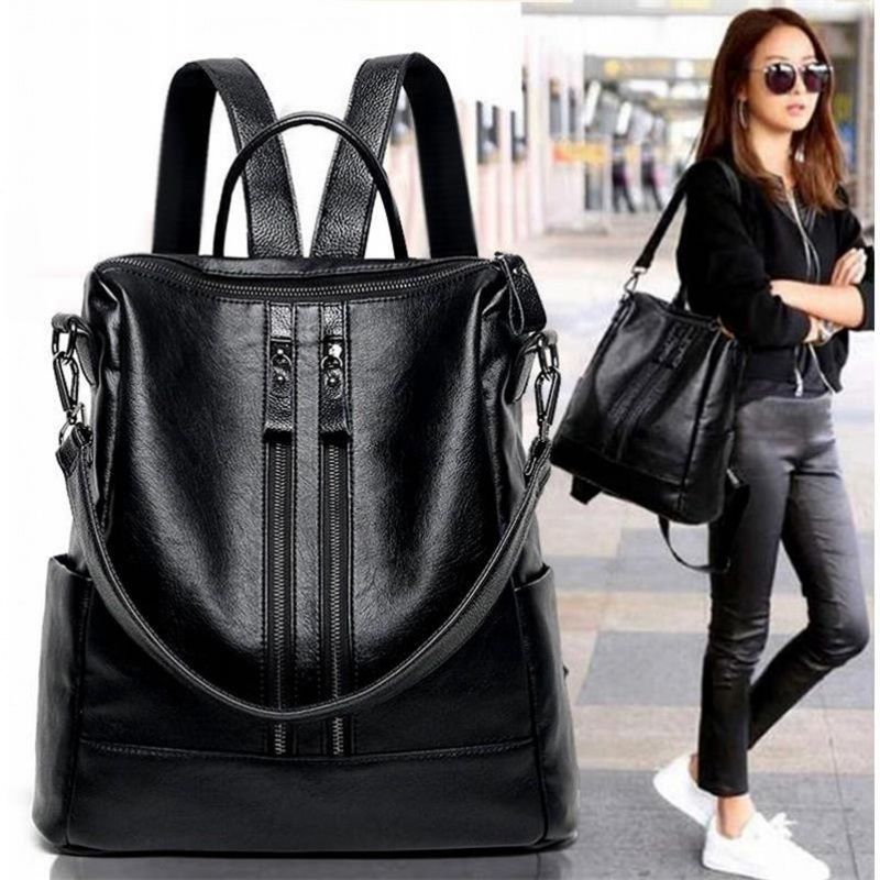 Women'S Xl Bags - Dames Zacht Leren Rugzak School Zwart